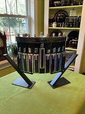 Vintage Signed “Glitzy Glass” Brand Fused / Art Glass Menorah With 2 Pc Stand picture