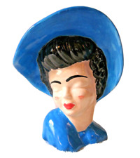 VINTAGE CERAMIC LADY HEAD BUST FIGURINE FASHION BLACK HAIR BLUE HAT GLAMOUR GIRL picture