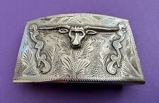 Awesome Antique Vintage Sterling Silver Hecho México Longhorn Steer Belt Buckle picture