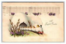 Vintage 1910's Easter Postcard Cute Chicks Ride an Egg Train Purple Flowers picture