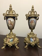 Vtg Pair of Sevres Style Gilt Metal Porcelain Urns Italy 20th c. Courting Scenes picture
