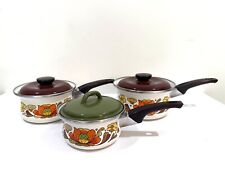 Set Of 3 Vintage Sanko Ware Country Flowers Porcelain Enameled 1&2QT Sauce Pans picture