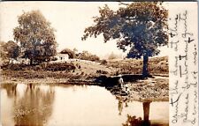 RPPC Two Boys Fishing in Pond, Albion, Illinois - 1909 Photo Postcard picture
