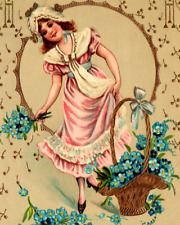 Birthday Greeting Girl In Dress w/ Basket of Blue Flowers VINTAGE Postcard picture