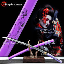 40''Geisha Katana Damascus 1095 Folded Steel Sharp Purple Japanese Samurai Sword picture