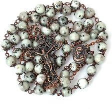 Dalmatian Jasper  Natural Stone Rosary Beads Necklace Holy Soil & Cross Crucifix picture