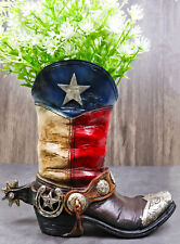 Rustic Western Star Texas Patriot Cowboy Horseshoe Boot With Spur Vase Planter picture