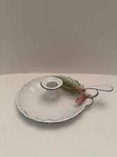 Vintage French WHITE ENAMEL CANDLE HOLDER Round Plate Finger Grip picture