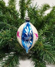 Vintage Poland Teardrop Blue Silver Pink Bird Blown Glass Christmas Ornament picture