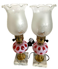 Fenton VTG Cranberry Pink Coin Dot Marble Base Electrical Lamps (Set of 2) EUC picture