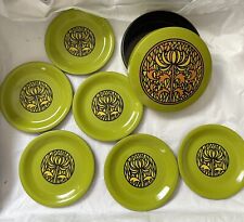Vintage Takahashi Japan Green Mod Flower 6 Round Plastic Coasters W/ Holder Box picture