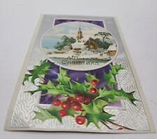 Antique Unused  Christmas Postcard Holly Winter Church Scene Embossed picture