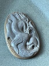 Finely Carved Large Mustard & Gray Mermaid w Dolphin Oval Pendant or Other Use – picture