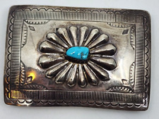 Signed Native Navajo Sterling Silver Turquoise Concho Design Belt Buckle Kingman picture