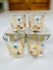 Mid Century Atomic Style Federal Glass Amoeba Gold Turquoise Rocks Glasses Set 4 picture