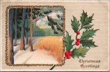 Vintage CHRISTMAS Embossed Postcard Winter Woods Scene / Holly - 1912 Cancel picture