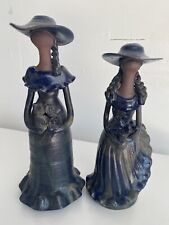 VTG Dominican Republic Faceless Clay Terracotta Blue Figurines 14 And 12 Inch picture