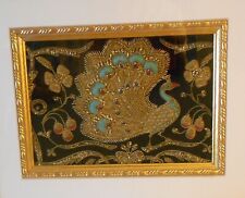 *****BEAUTIFUL EMBROIDERED PEACOCK HIGHLY DETAILED GILDED FRAME BLACK VELVET**** picture