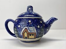 POLISH POTTERY Lodge Log Cabin Snow Country Christmas 16 Oz Teapot Tea Pot NEW picture