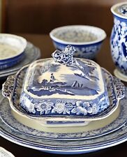 Antique Blue & White Lidded Tureen Landscape Scene With Lion Handle AS IS picture