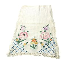 Vintage Embroidered Runner 36x11 Dresser Buffet Scarf Flowers Crochet Edge picture