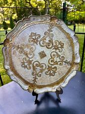 Vtg Large Florentine Italy Toleware Tray Round Cream Gold MCM Italian  Tray 17” picture