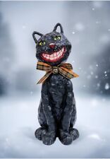Very Rare Vintage Primitive Black Cat Smiley Sculpture w/ Bow Paper Mache Figure picture