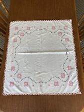 Vintage Linen Tablecloth Red/black Cross Stitch With Crochet Border 34x38” picture