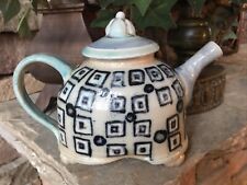 Vintage Ceramic Teapot With Lid And Handle Signed Handmade Blue White Stoneware picture