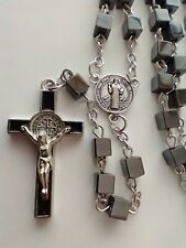 Catholic Hematite Men's Rosary Cube Square Beads Black Enamel St Benedict 19