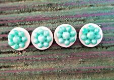 4 Vintage turquoise Bead flower on off white disc plastic buttons 3/4