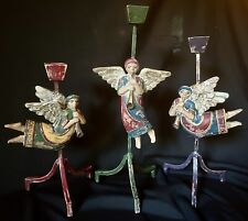 VTG Mexican Folk Art Angel Hand Painted Primitive Flying Taper Candle Holders picture