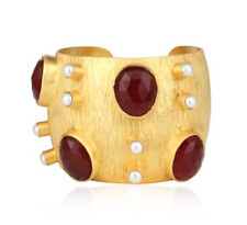 Gold Plated Wide Cuff Bracelet Red Onyx & Pearl Gemstone Texture Brass Jewelry picture
