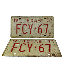 Vintage 1974 Texas License Plates Pair FCY 57 Red On White Vintage picture
