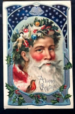 Rare~Full Face~Santa Claus~with Crown of Holly~Bird~Toys Christmas Postcard~k243 picture