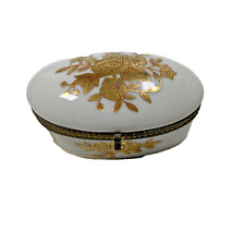 Vintage Porcelain Trinket Box Gold Gilt Hand Painted Floral Hinged Lid Oval picture