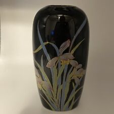Vintage Black Onyx San Francisco Iris Vase Asian Japan Gold Trim Porcelain 5.5