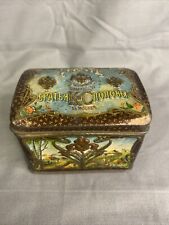 Vintage 1910 Russian Popov Brothers Tea Caddy Box hand painted TIN Hinged Top picture