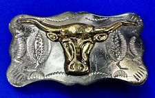 Raised Texas Longhorn Steer Head Vintage Nickel Silver Western Style Belt Buckle picture