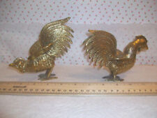 Vintage Pair of Solid Brass Fighting Roosters Figurines Heavy picture