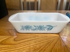 GLASBAKE BLUE THISTLE PATTERN MILK GLASS LOAF PAN MADE IN THE USA J-522 19 picture