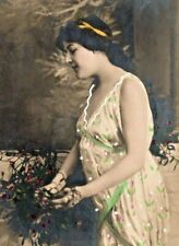 C.1907 Hand Colored RPPC. Beautiful Woman. White Dress. Floral Pattern. VTG picture