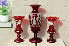 Set Czech bohemia ruby red colour etched glass Vases set floral decor 1960  picture