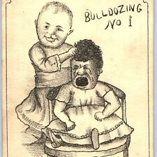 c1880s Odd Little Boys Dress Bulldozing No 1 Hair Stylist Crazy Trade Card C43 picture