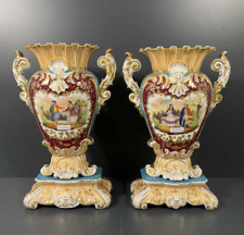 PAIR antique French vieux paris porcelain Style jacob petit hand paint vases picture