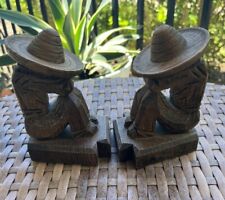 Vintage Wooden Carved  Set Of Mexican Sombrero Bookends  4” X 3” picture