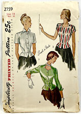 1949 Simplicity Sewing Pattern 2759 Womens Blouse 3 Sleeves Sz 14 Vintage 11284 picture