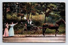 Postcard Romantic Men On Horse Drawn Carriage Leaving Two Women Behind picture