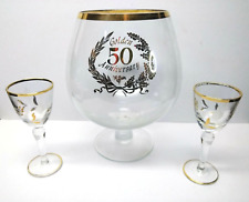 Golden 50th Anniversary  Large Wine Glass w/ Two Smaller Champagne Glasses picture