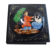 Vintage Small Russian Black Lacquer Hand Painted Signed Double Deck Trinket Box picture